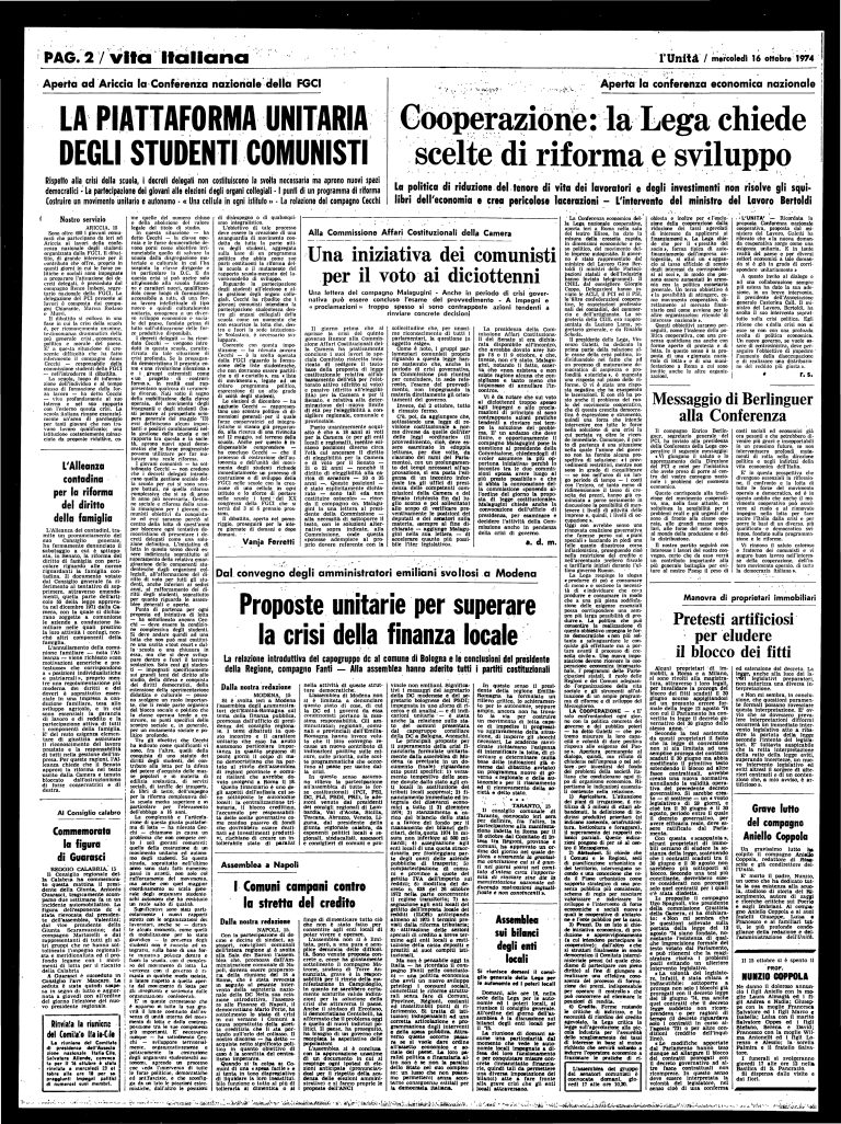 16 ottobre 1974 – La piattaforma unitaria degli studenti comunisti