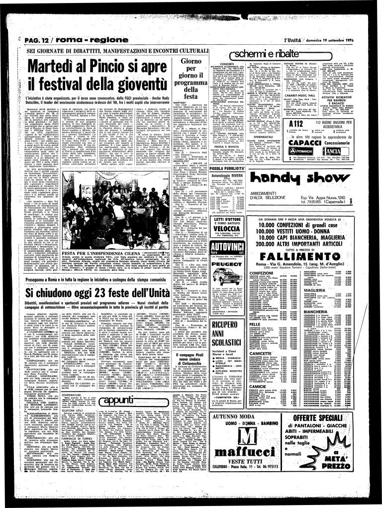 19 Settembre 1976 – Martedì al Pincio si apre il festival della gioventù