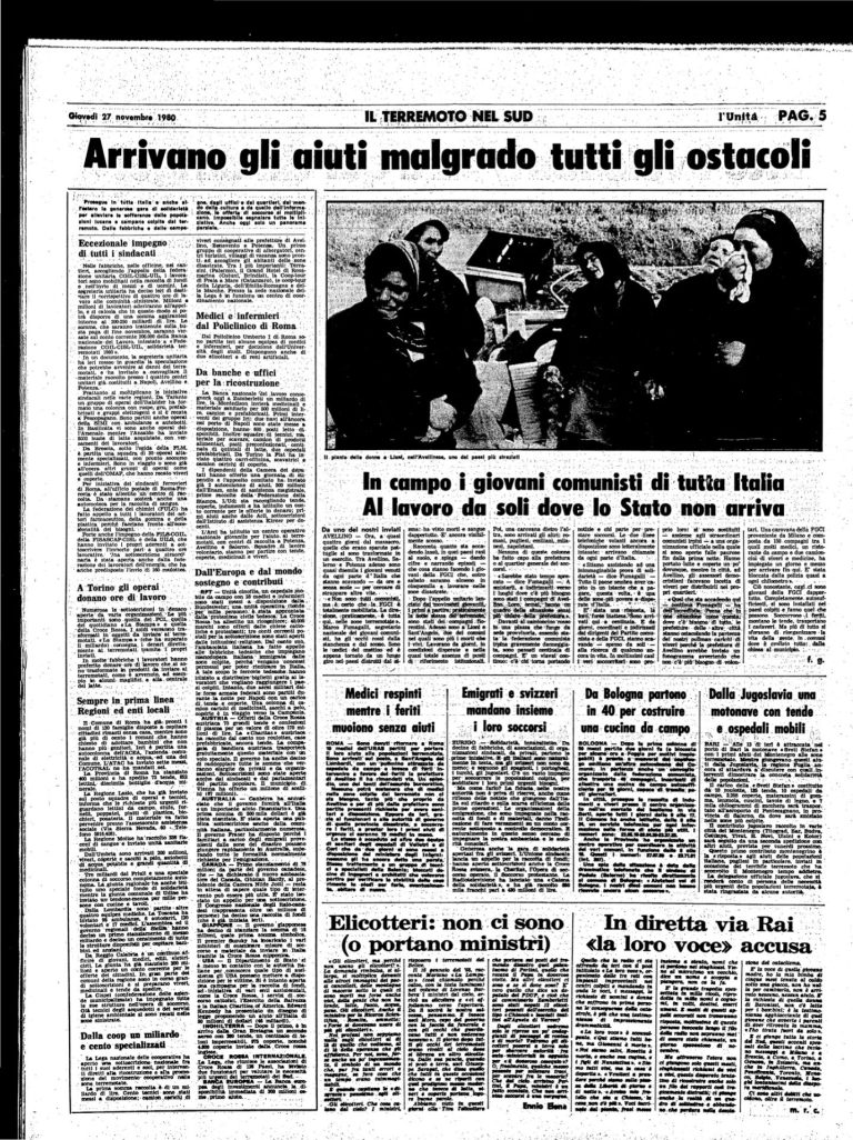 27 novembre 1980 – Terremoto In campo i giovani comunisti di tutta Italia. Al lavoro da soli dove lo Stato non arriva